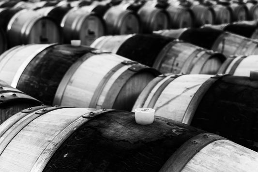 Row of wooden barrels with a white cap in the foreground. A stylish photography in black and white ideal for minimalistic modern or rustic spaces, an even for bohemian ones.