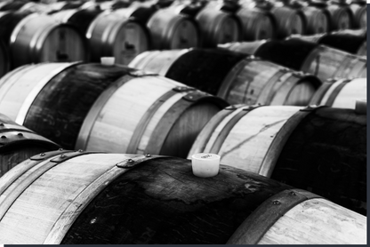 Row of wooden barrels in a black and white photo printed in high quality metallic material