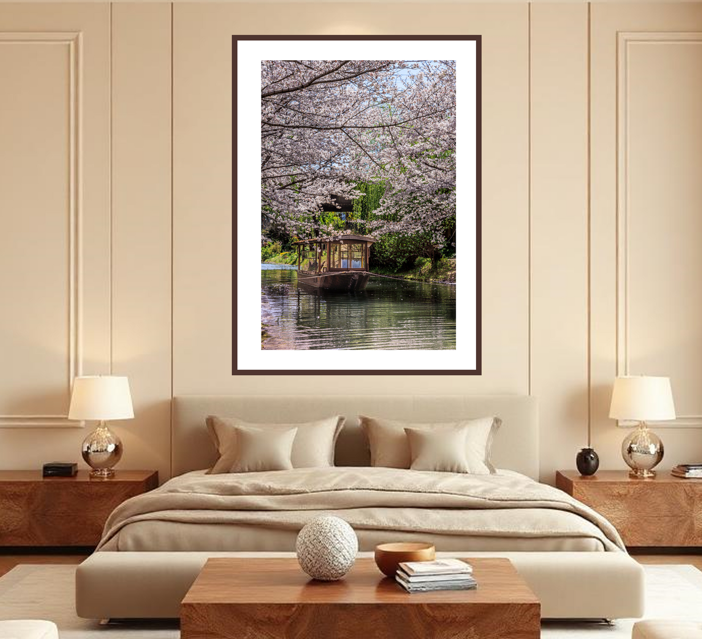 Framed artwork of cherry blossoms over a lake in a bedroom setting.