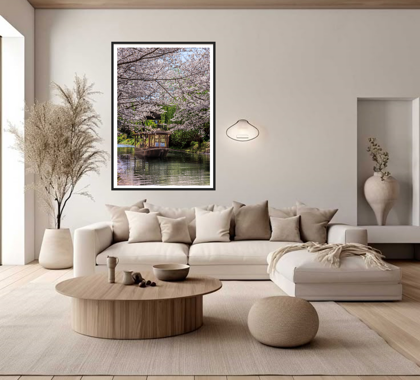 Modern living room with a beige sectional sofa, wooden coffee table, and decorative elements.