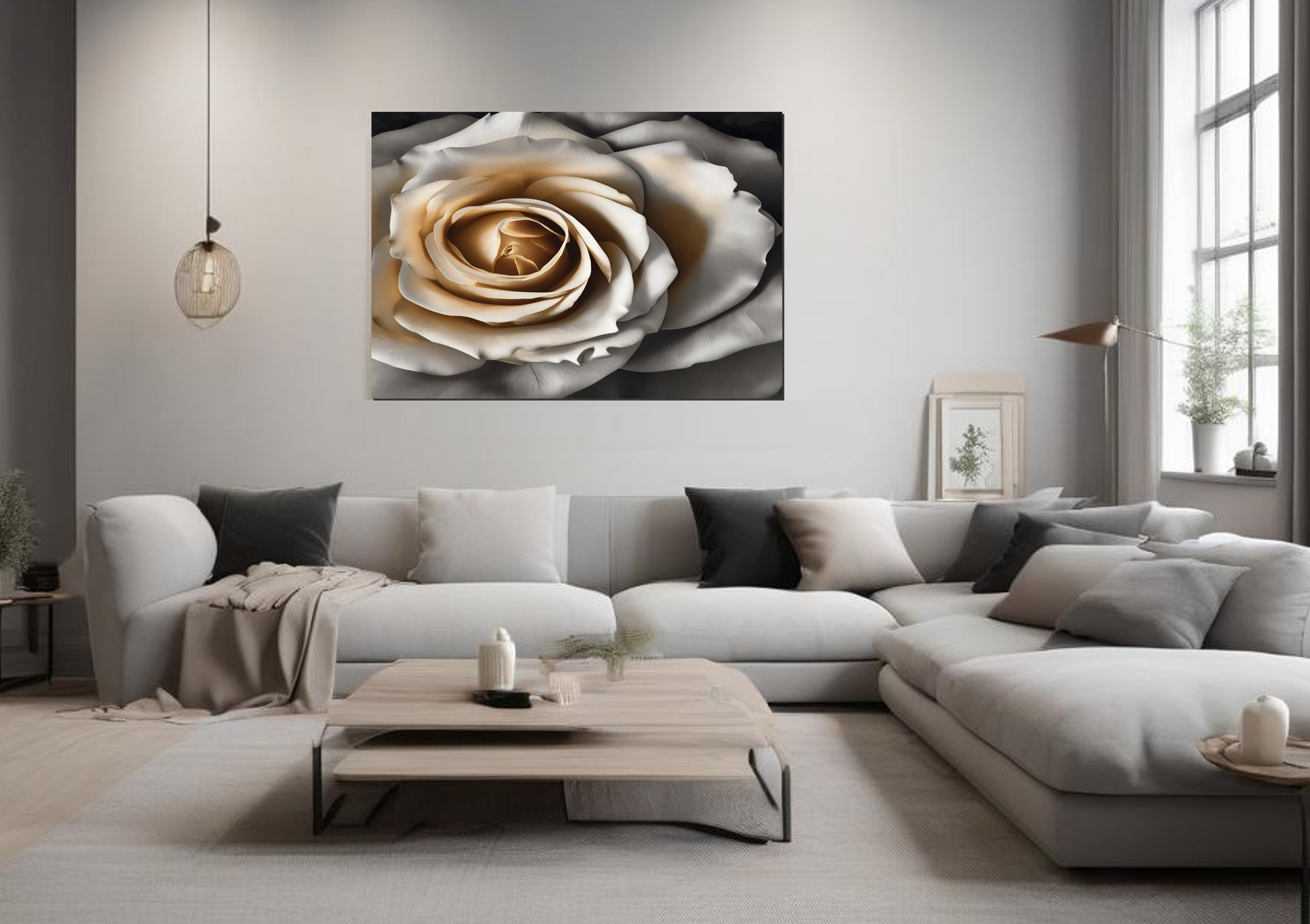 Modern living room with a large sofa, coffee table, and decorative wall art.
