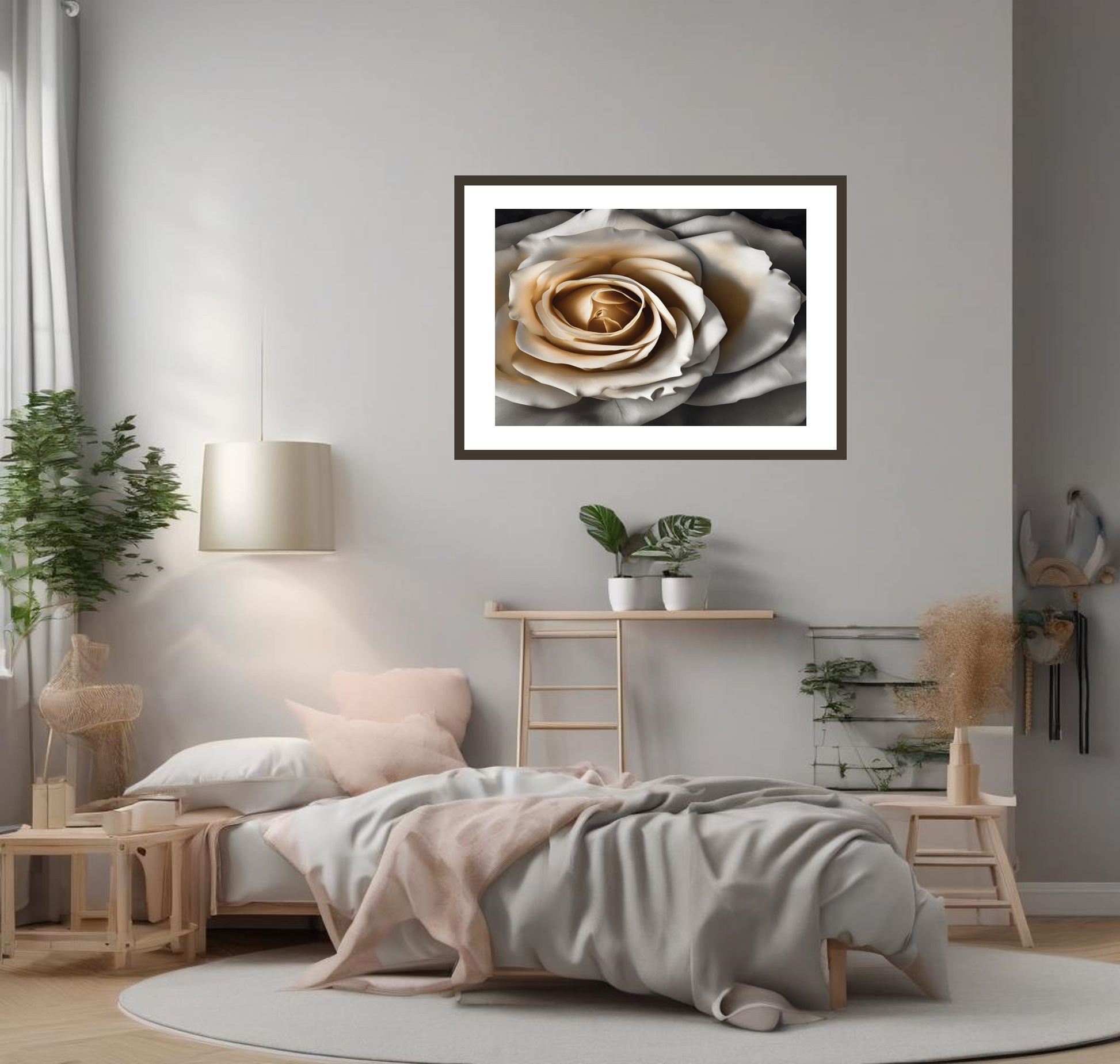 Neatly made bed in a bedroom with a framed rose art print on the wall.