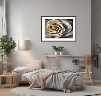 Neatly made bed in a bedroom with a framed rose art print on the wall.