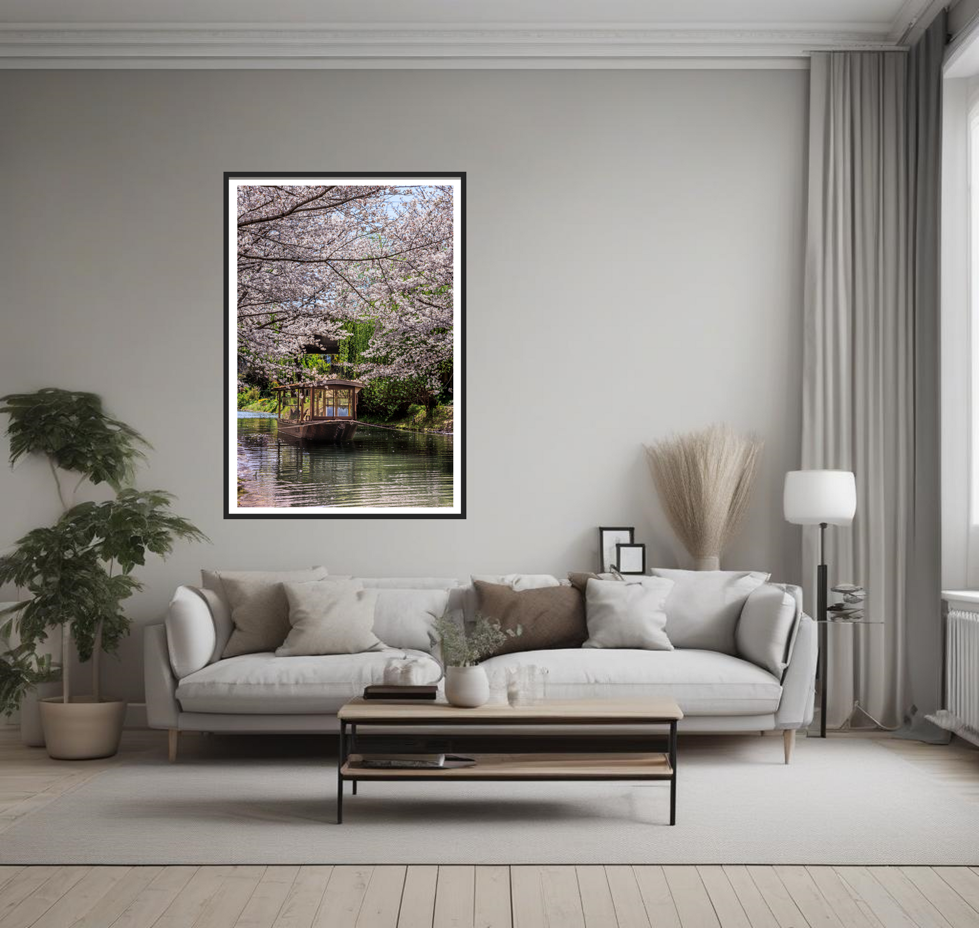Cherry blossom wall art featuring blooming cherry trees over a river with a boat, ideal for modern or rustic home decor, evoking serenity and natural elegance.