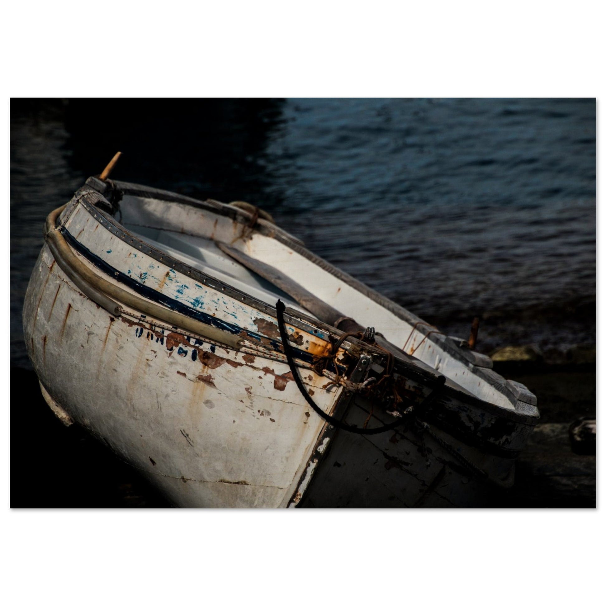 A photograph of a boat with a blue and white color scheme, showcasing the boat's texture and the water around it.