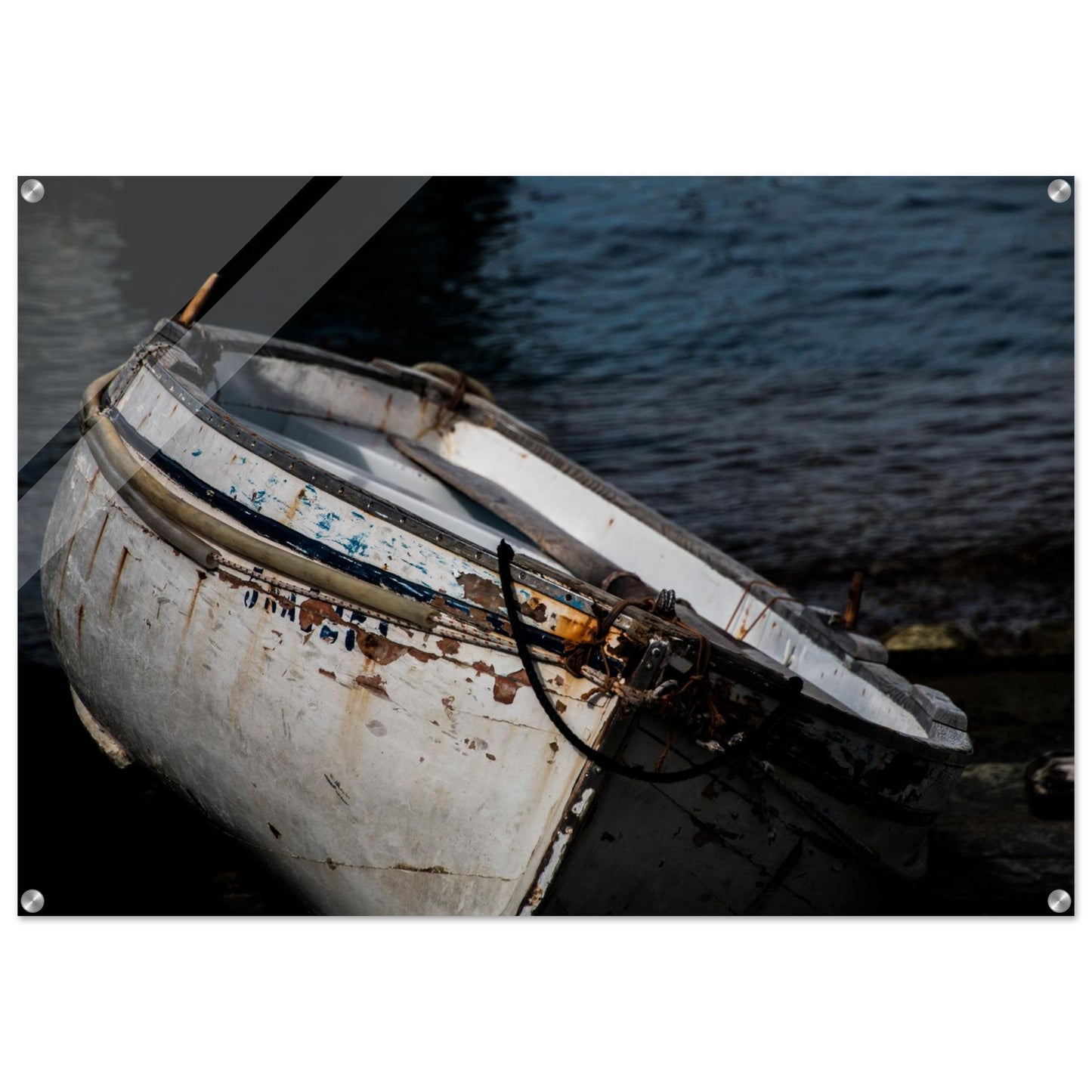 A fine photography of a boat with white and blue details surrounded by water printed in high quality acrylic