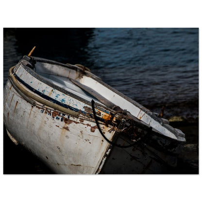 A fine photography of a boat with white and blue details surrounded by water printed in high quality metallic