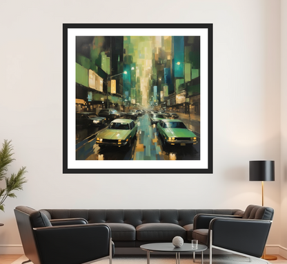 Framed artwork of a city street scene with cars on a wall in a living room printed in museum quality paper and frame