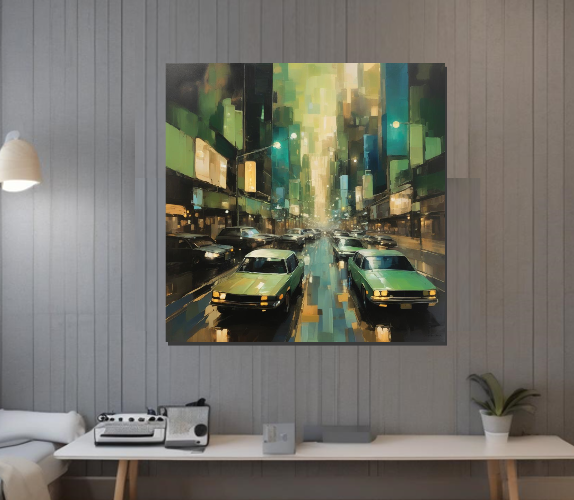 Modern cityscape painting printed on high quality metallic, on a wall above a desk with decor items