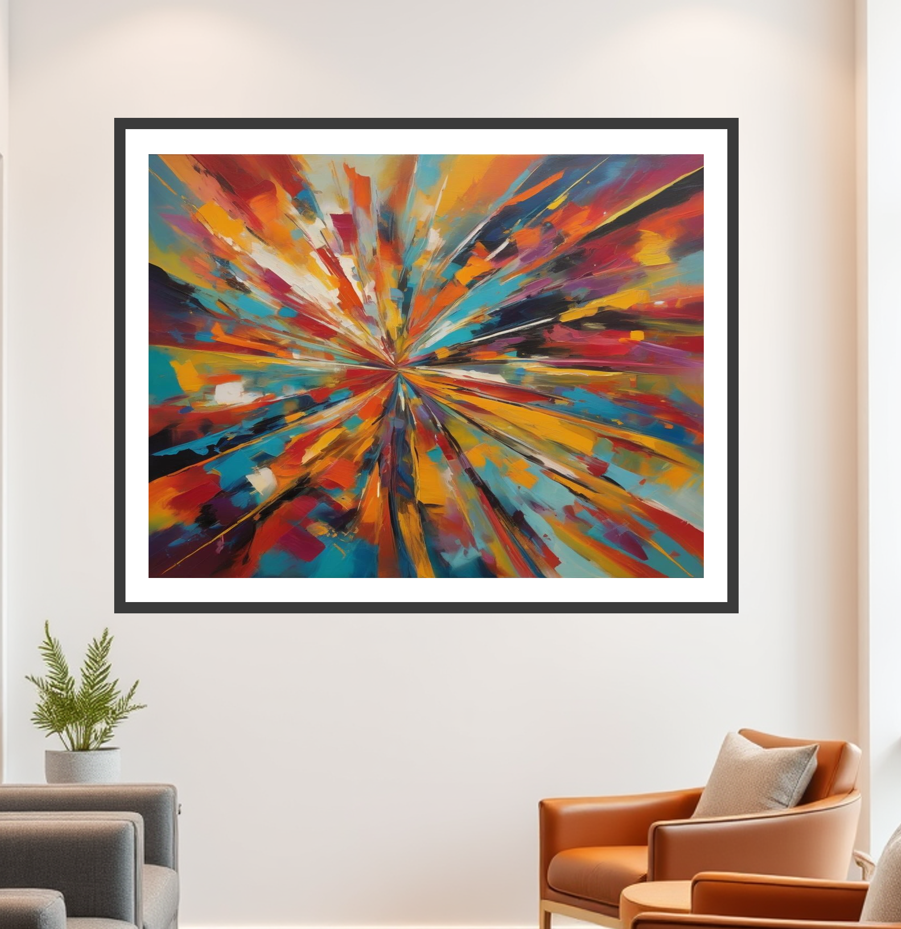 Colorful abstract painting in a modern living room setting with furniture and decor.
