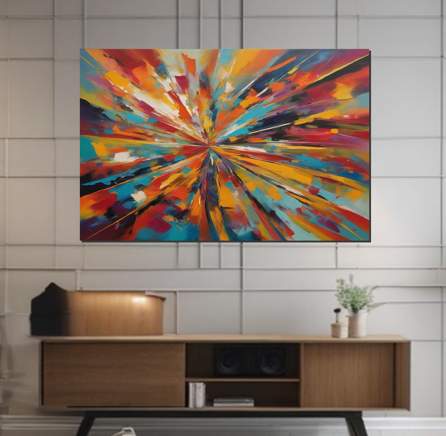 Colorful abstract painting on a wall above a wooden entertainment console.