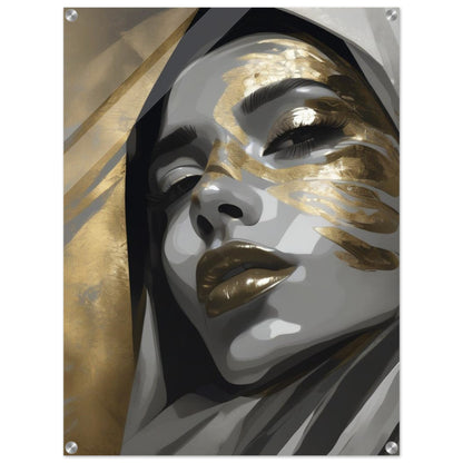 A portrait artwork featuring a woman with a closed eyes, portrayed in grey tones with strategic gold accents highlighting certain features, creating a sense of calm and strength.