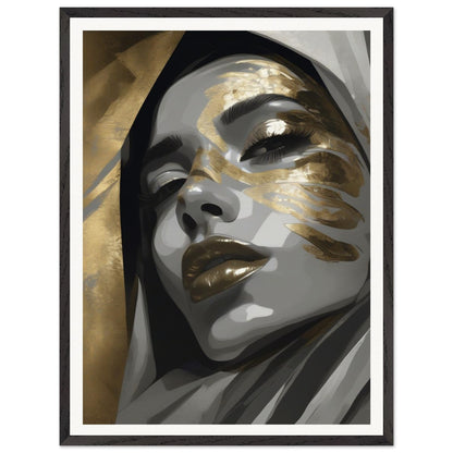 A portrait artwork featuring a woman with a closed eyes, portrayed in grey tones with strategic gold accents highlighting certain features, creating a sense of calm and strength.