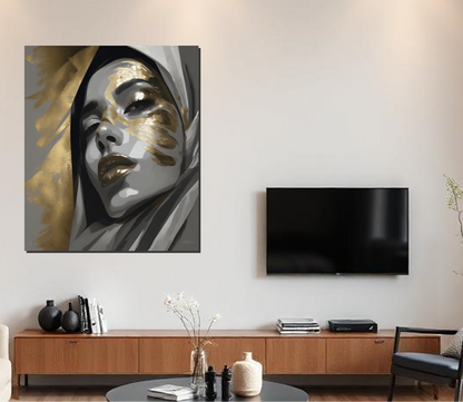Modern living room with a decorative printing of a woman in grey tones and with golden touches portraing confidence and elevating the room. Printed in metallic material giving it to the touch a unique touch.