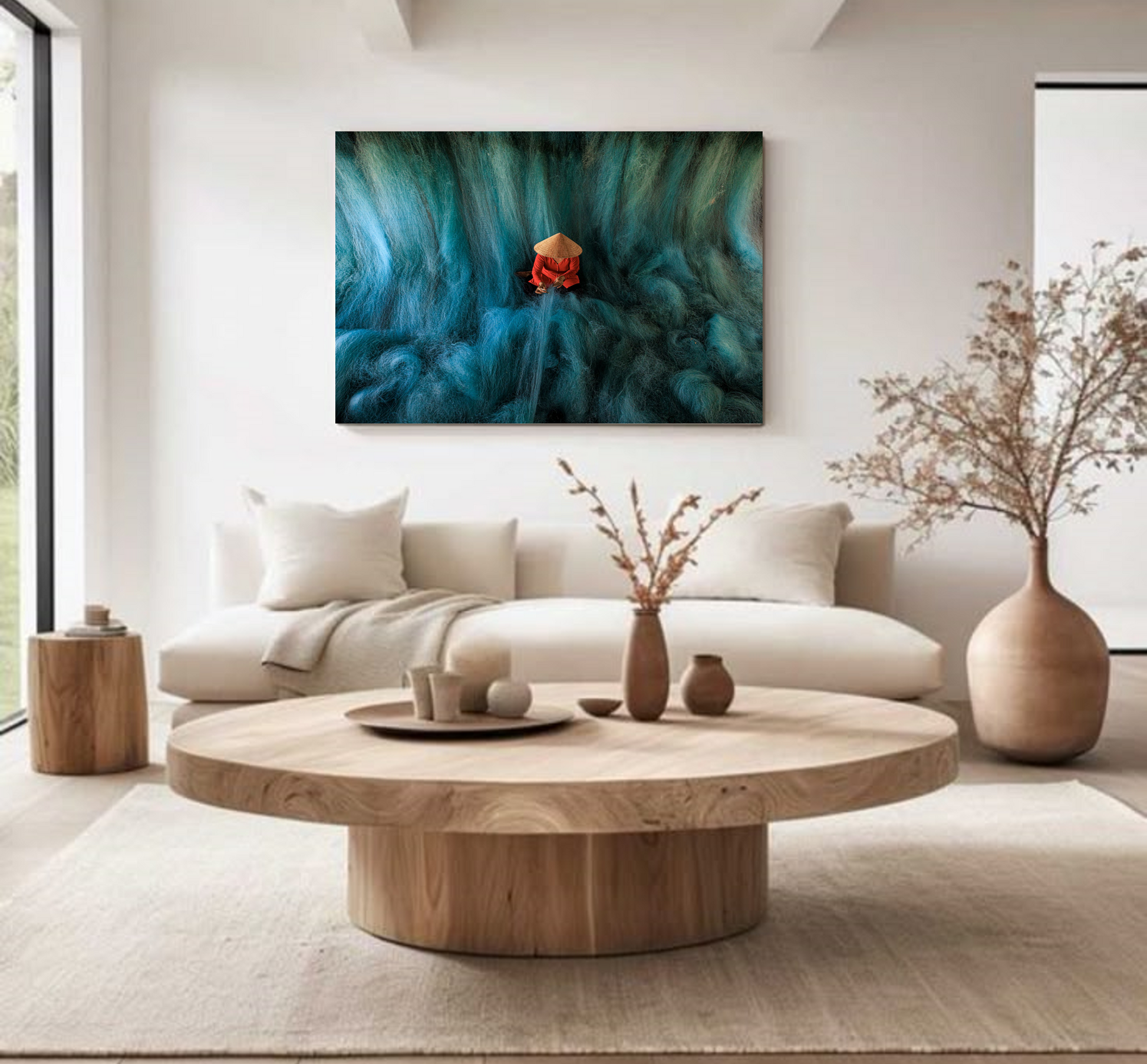 Modern living room with a wooden coffee table, white sofa, and a fine wall artwork on the wall.