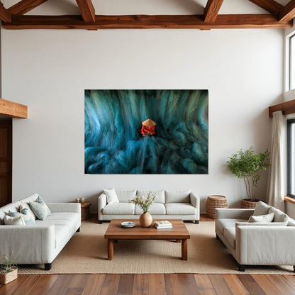 Modern living room with a large limited edition photography in extra large size on the wall, printed on metallic.