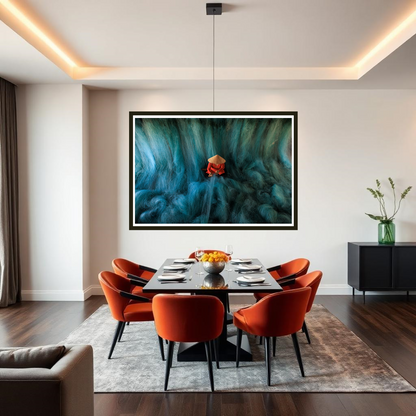 Modern dining room with orange chairs, a table, and a large fine art photography on the wall.