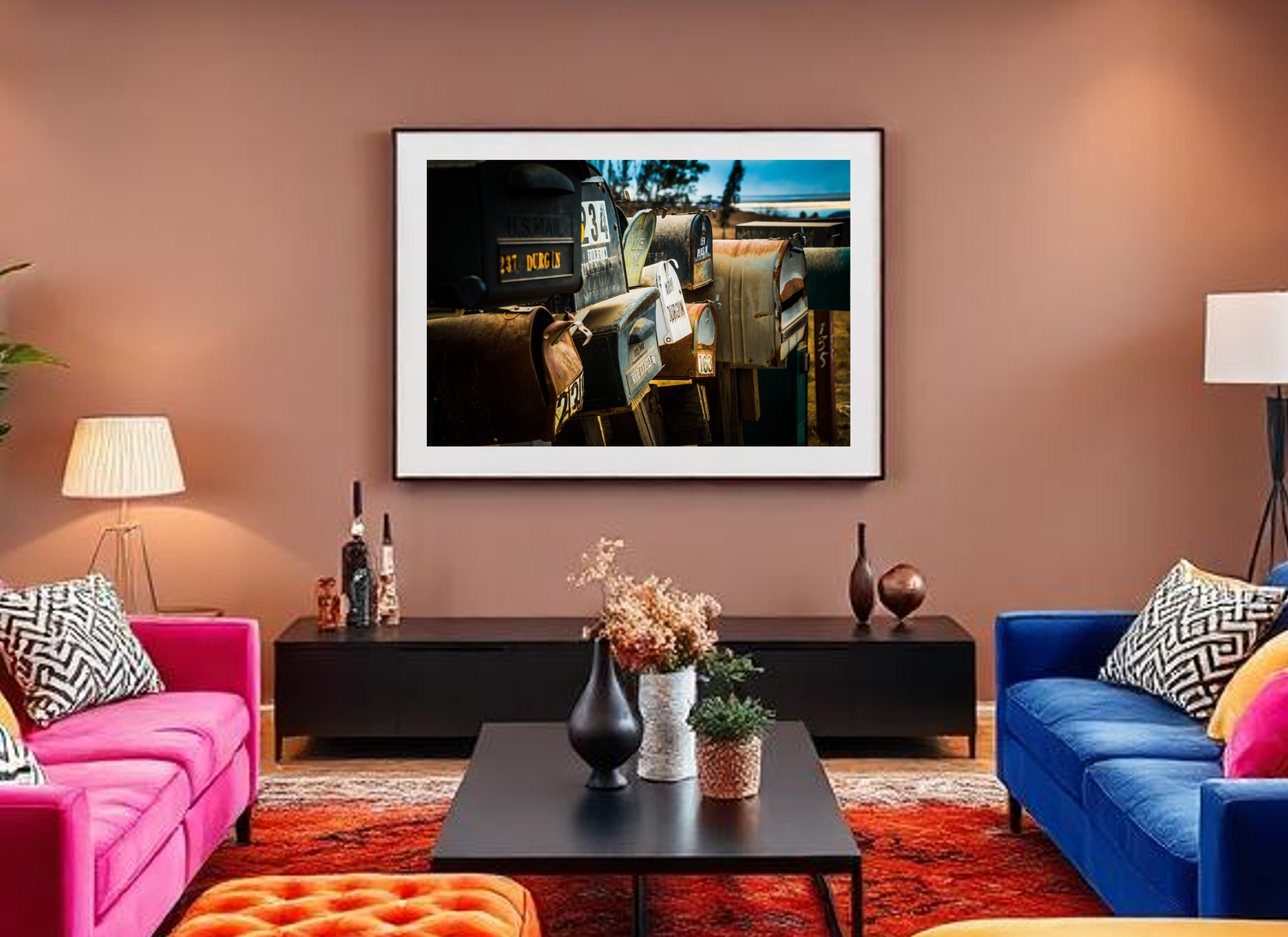 A Still Life photography of mailboxes capturing a visual journey through time. A modern touch of sophistication for spaces. Printed in high quality poster plus frame. 
