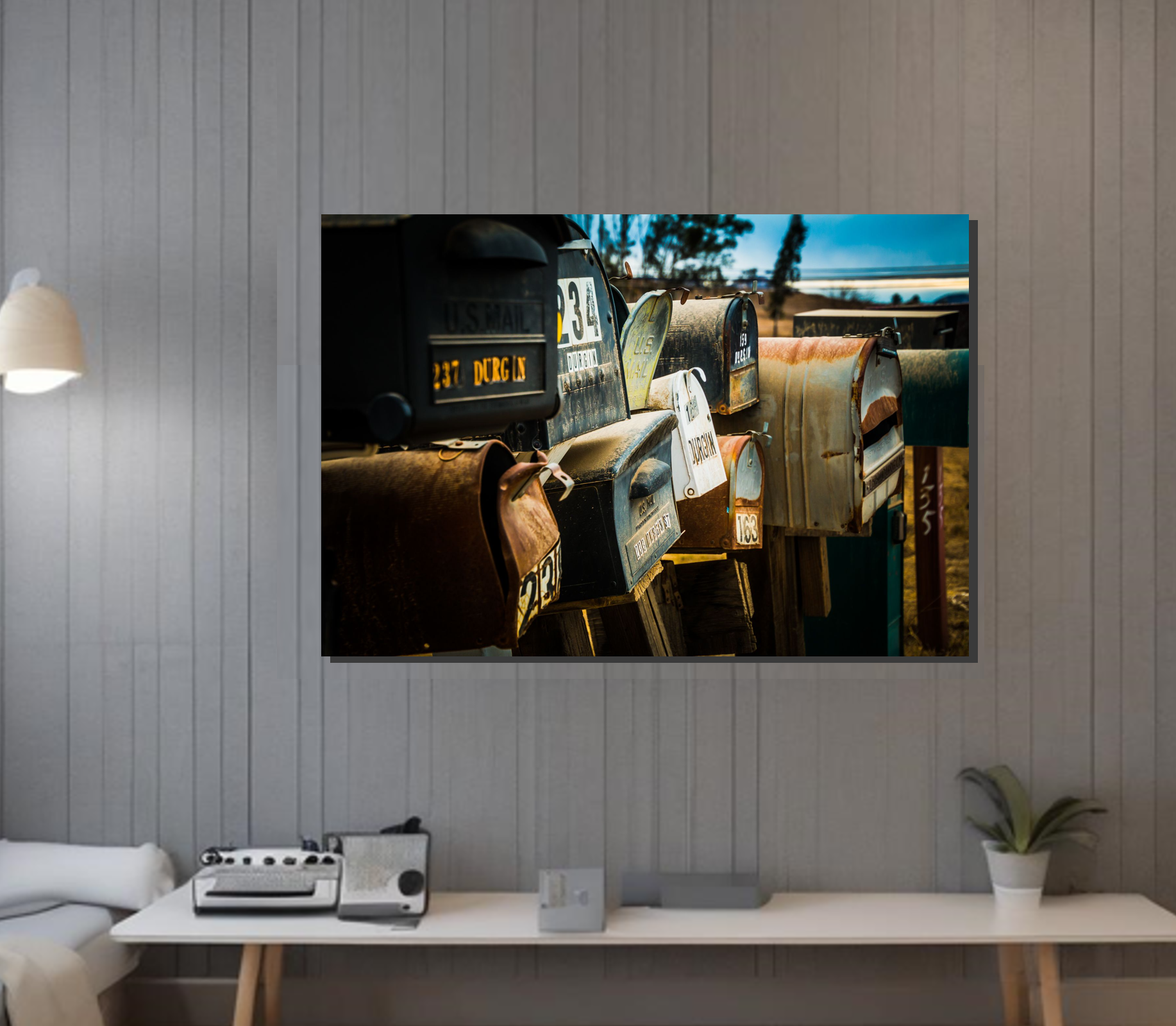 A Still Life photography of mailboxes capturing a visual journey through time. A modern touch of sophistication for spaces. Printed on high quality metallic material.