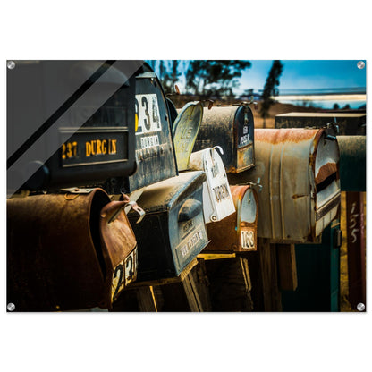 A Still Life photography of mailboxes capturing a visual journey through time. A modern touch of sophistication for spaces. Acrylic.