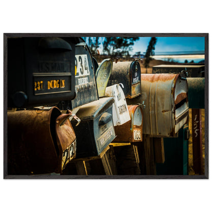 A Still Life photography of mailboxes capturing a visual journey through time. A modern touch of sophistication for spaces. Poster. Frame.