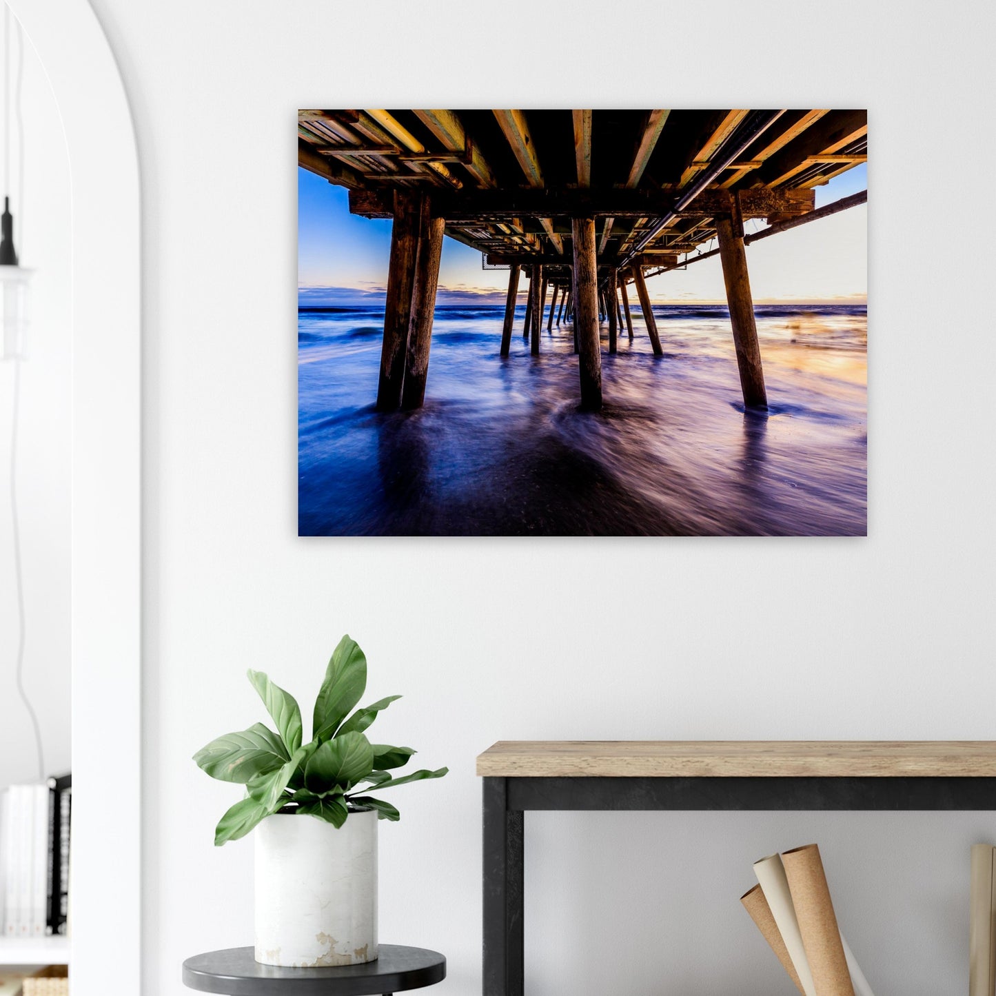 A vibrant photography evoking a sense of peace and contemplation, appreciating the fleeting beauty of nature’s daily spectacle fusioning with human craftsmanship printed on metallic material.
