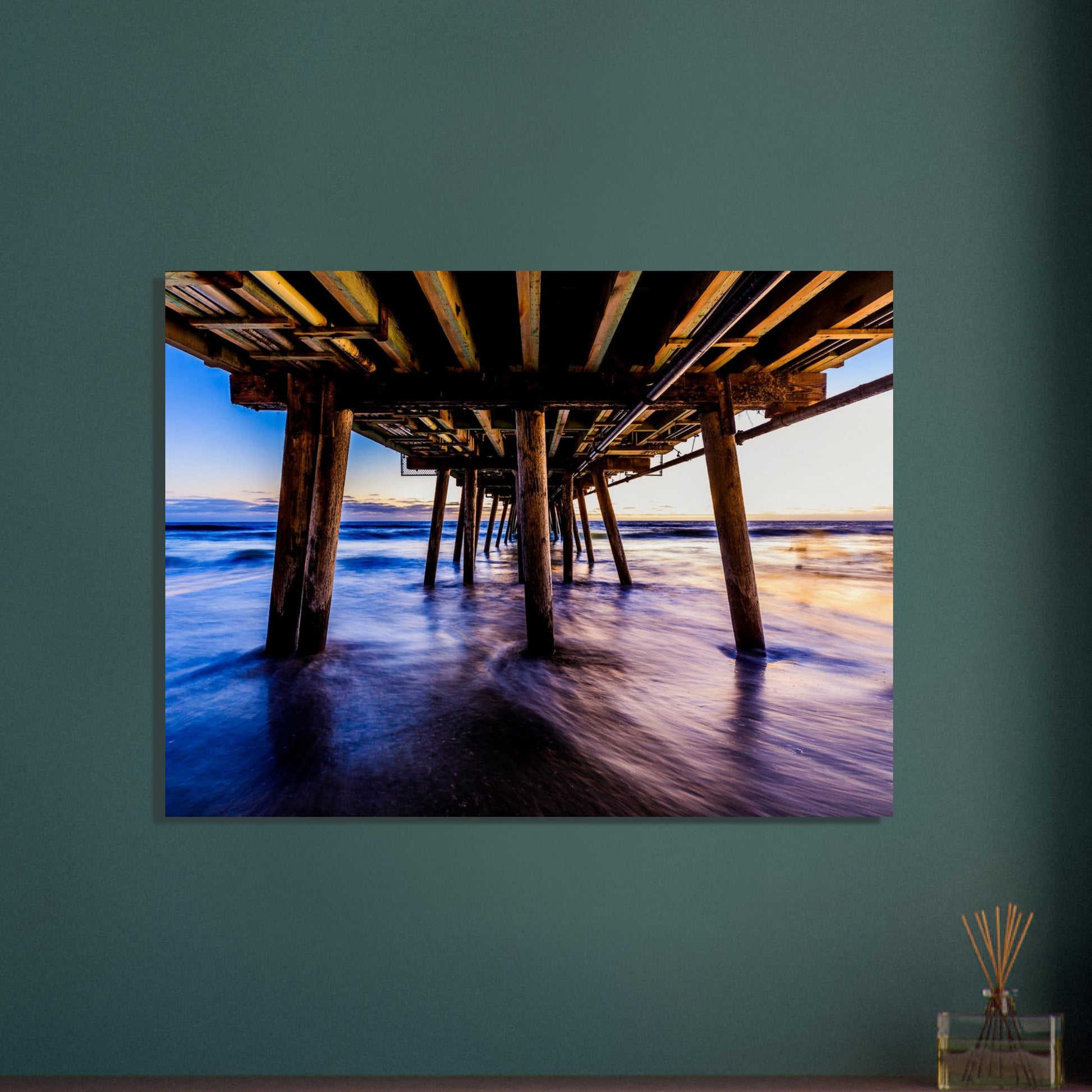 A vibrant photography evoking a sense of peace and contemplation, appreciating the fleeting beauty of nature’s daily spectacle fusioning with human craftsmanship printed in acrylic.