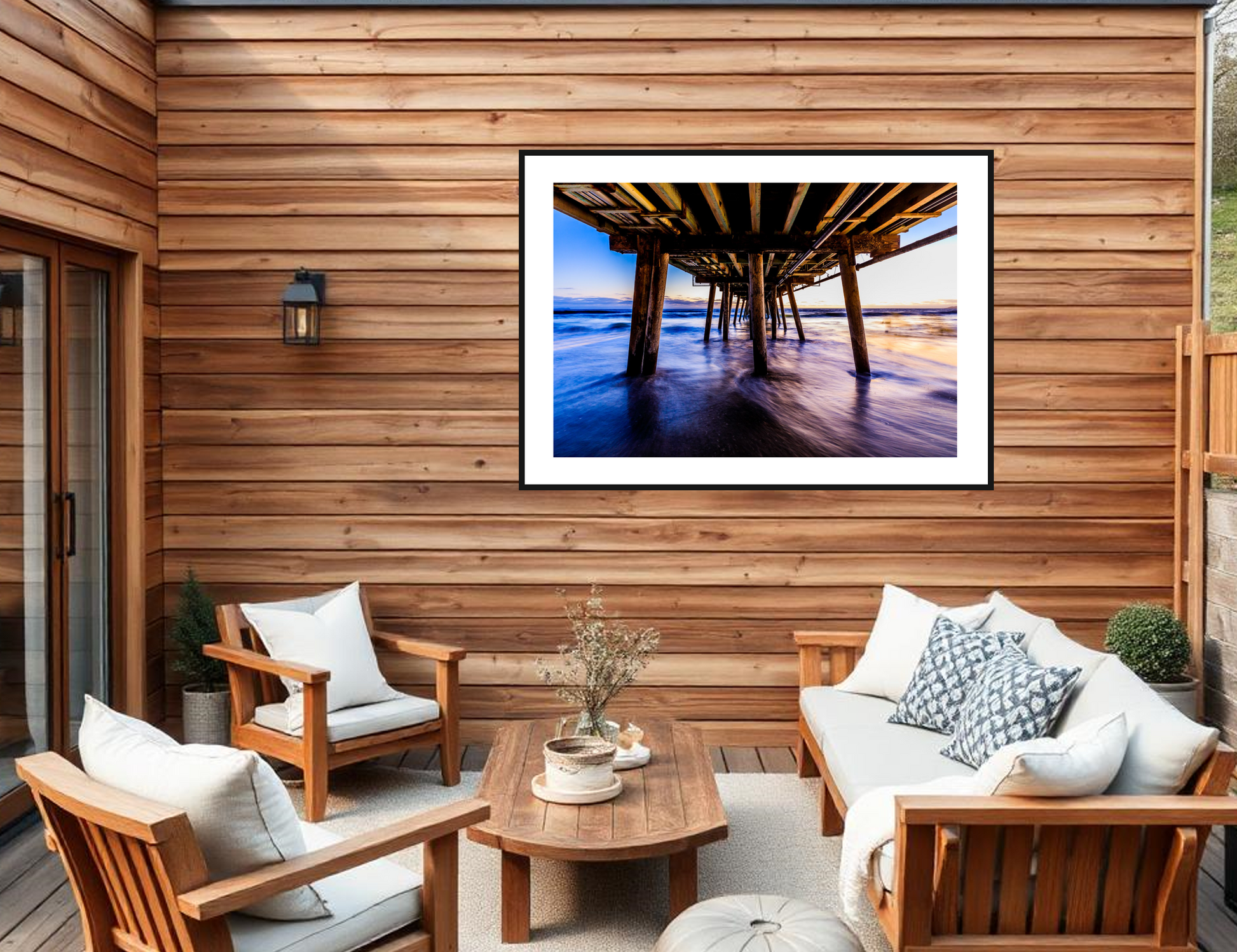 A vibrant photography evoking a sense of peace and contemplation, appreciating the fleeting beauty of nature’s daily spectacle fusioning with human craftsmanship printed in high quality poster plus frame.