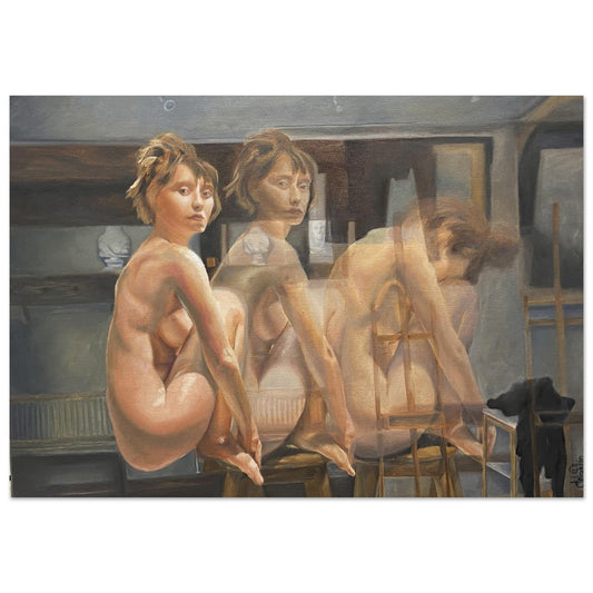 An evocative portrait of a woman in the present and in movement, creating an atmosphere of profound connection to self. Museum Quality Poster. Ideal for spaces with romantic decoration.