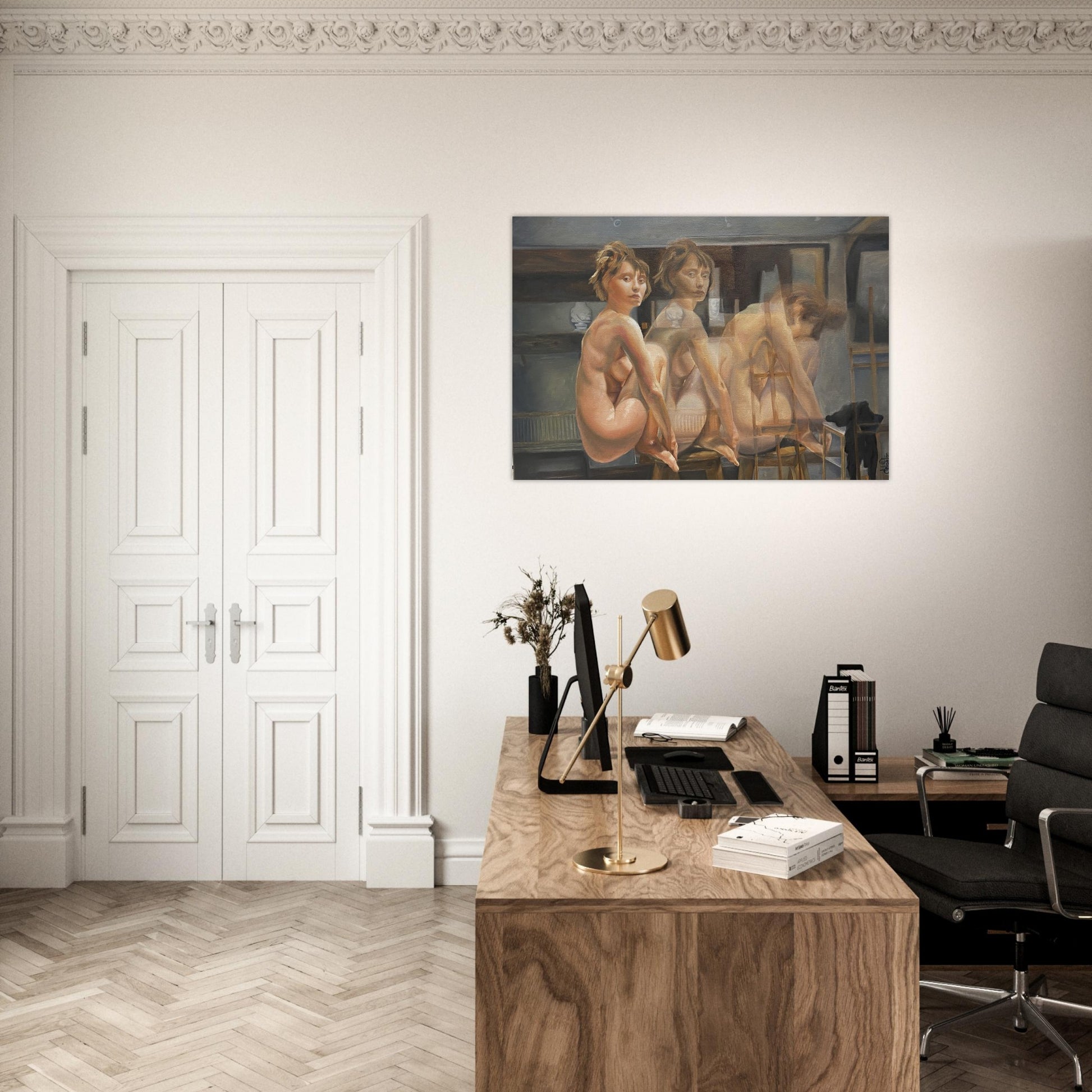 An evocative portrait of a woman in the present and in movement, creating an atmosphere of profound connection to self. Museum Quality printing materials. Ideal for spaces with romantic decoration.