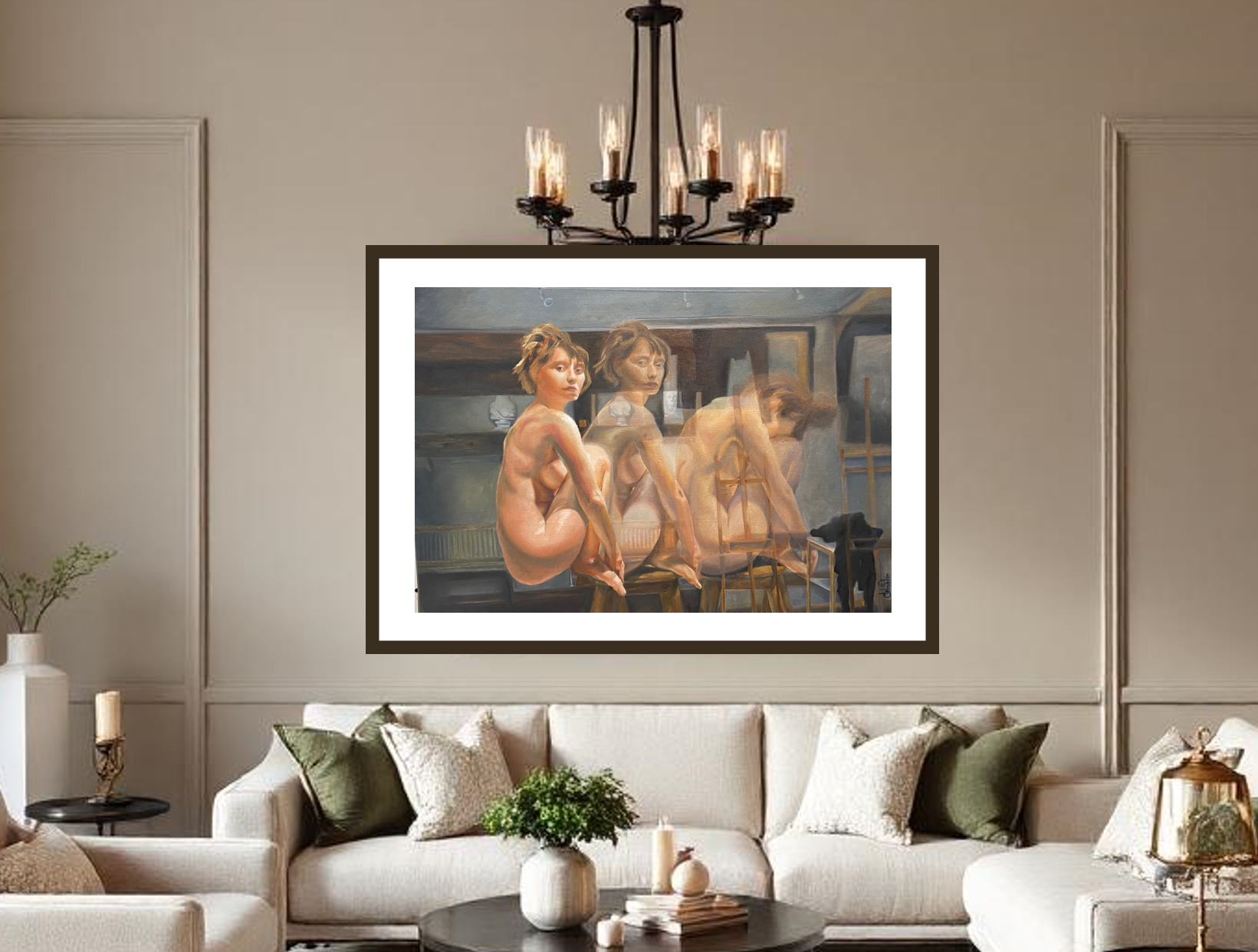 An evocative portrait of a woman in the present and in movement, creating an atmosphere of profound connection to self. Museum Quality Poster and Frame. Ideal for spaces with romantic decoration.