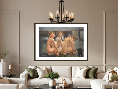 An evocative portrait of a woman in the present and in movement, creating an atmosphere of profound connection to self. Museum Quality Poster and Frame. Ideal for spaces with romantic decoration.