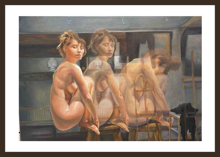 An evocative portrait of a woman in the present and in movement, creating an atmosphere of profound connection to self. Museum Quality poster and frame.
