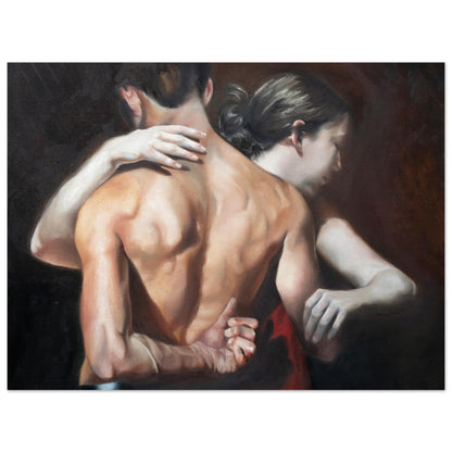 Experience the poetic tension of "Desilusión," an exquisite painting capturing a couple in a vivid embrace, reminiscent of the poised intensity of a tango. Museum Quality materials.