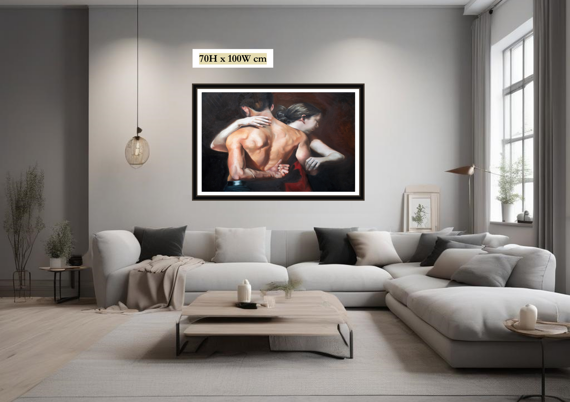 A painting depicting a couple in an intimate embrace, with the man standing and the woman leaning into him, wearing a deep red dress. Timeless fine art piece for elevated home decor.
