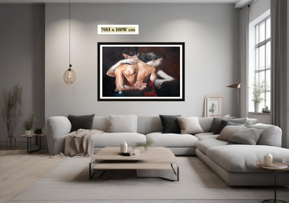 A painting depicting a couple in an intimate embrace, with the man standing and the woman leaning into him, wearing a deep red dress. Timeless fine art piece for elevated home decor.