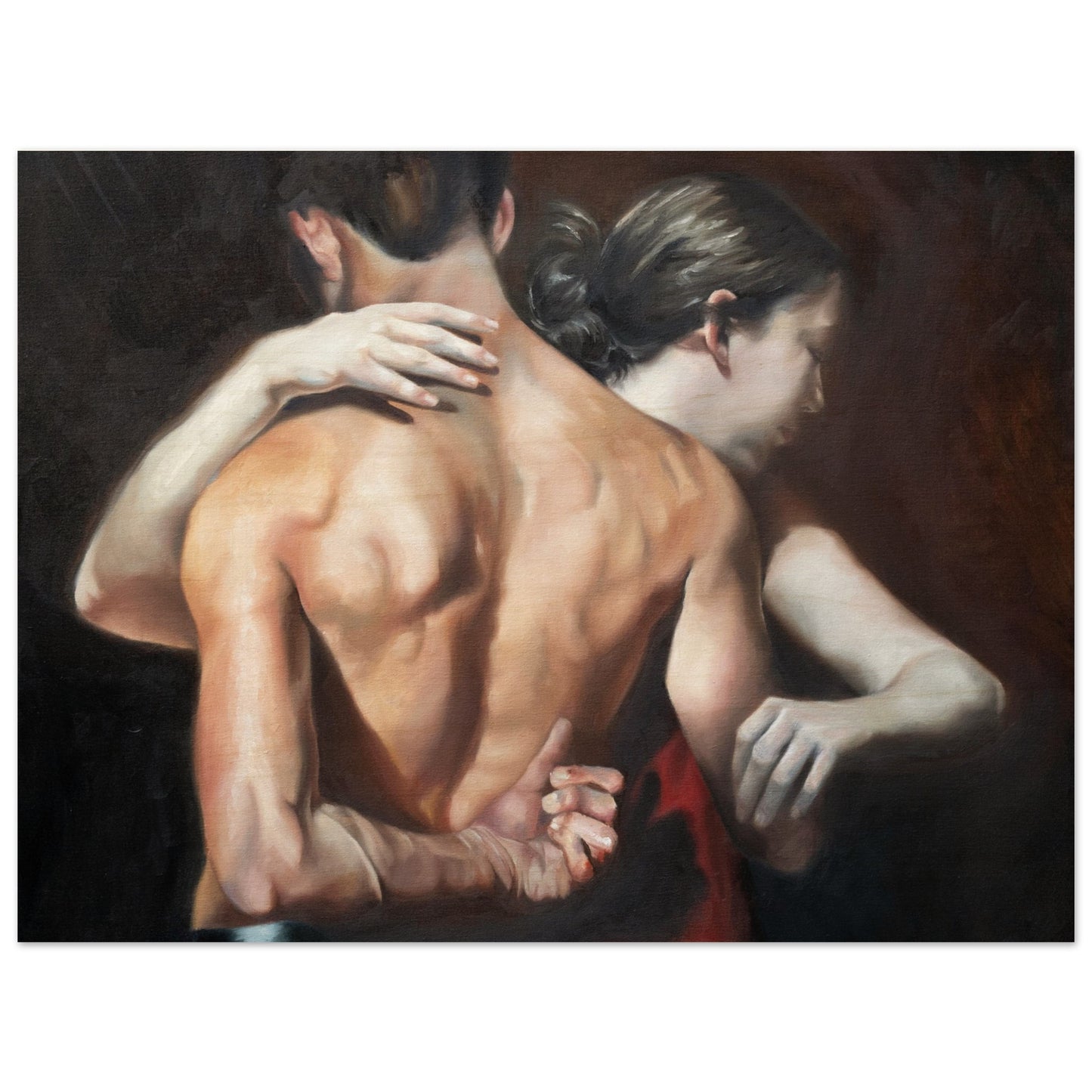 A painting depicting a couple in an intimate embrace, with the man standing and the woman leaning into him, wearing a deep red dress. Printed on Wood.