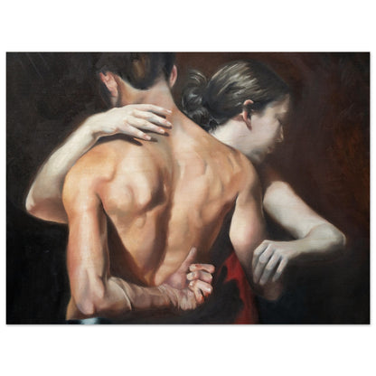 A painting depicting a couple in an intimate embrace, with the man standing and the woman leaning into him, wearing a deep red dress. Printed on Wood.