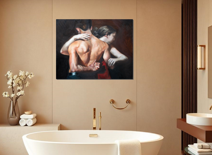 Bathroom with a painting of a couple embracing on the wall above a bathtub.