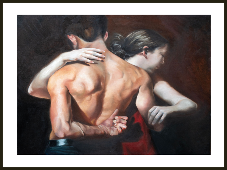 Oil painting of two figures embracing with a dark background printed in museum quality poster and frame