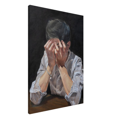 A fine art print depicting a portrait of a young man covering his face with his hands, creating a sense of vulnerability and introspection. The image is used for representing the product 'El Astuto - Limited Edition'.