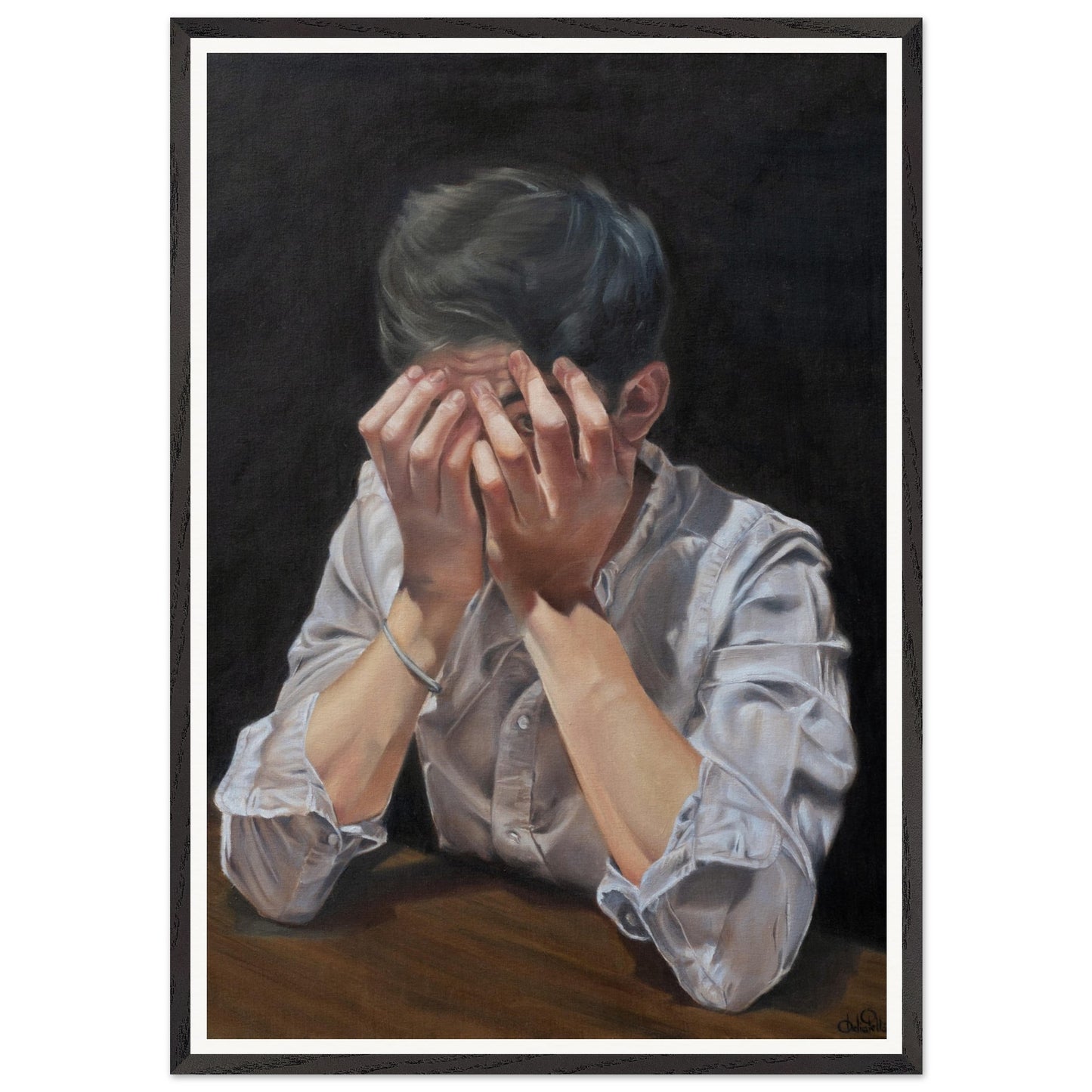 A fine art print depicting a portrait of a young man covering his face with his hands, creating a sense of vulnerability and introspection. The image is used for representing the product 'El Astuto - Limited Edition'.