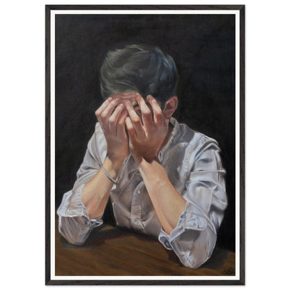 A fine art print depicting a portrait of a young man covering his face with his hands, creating a sense of vulnerability and introspection. The image is used for representing the product 'El Astuto - Limited Edition'.
