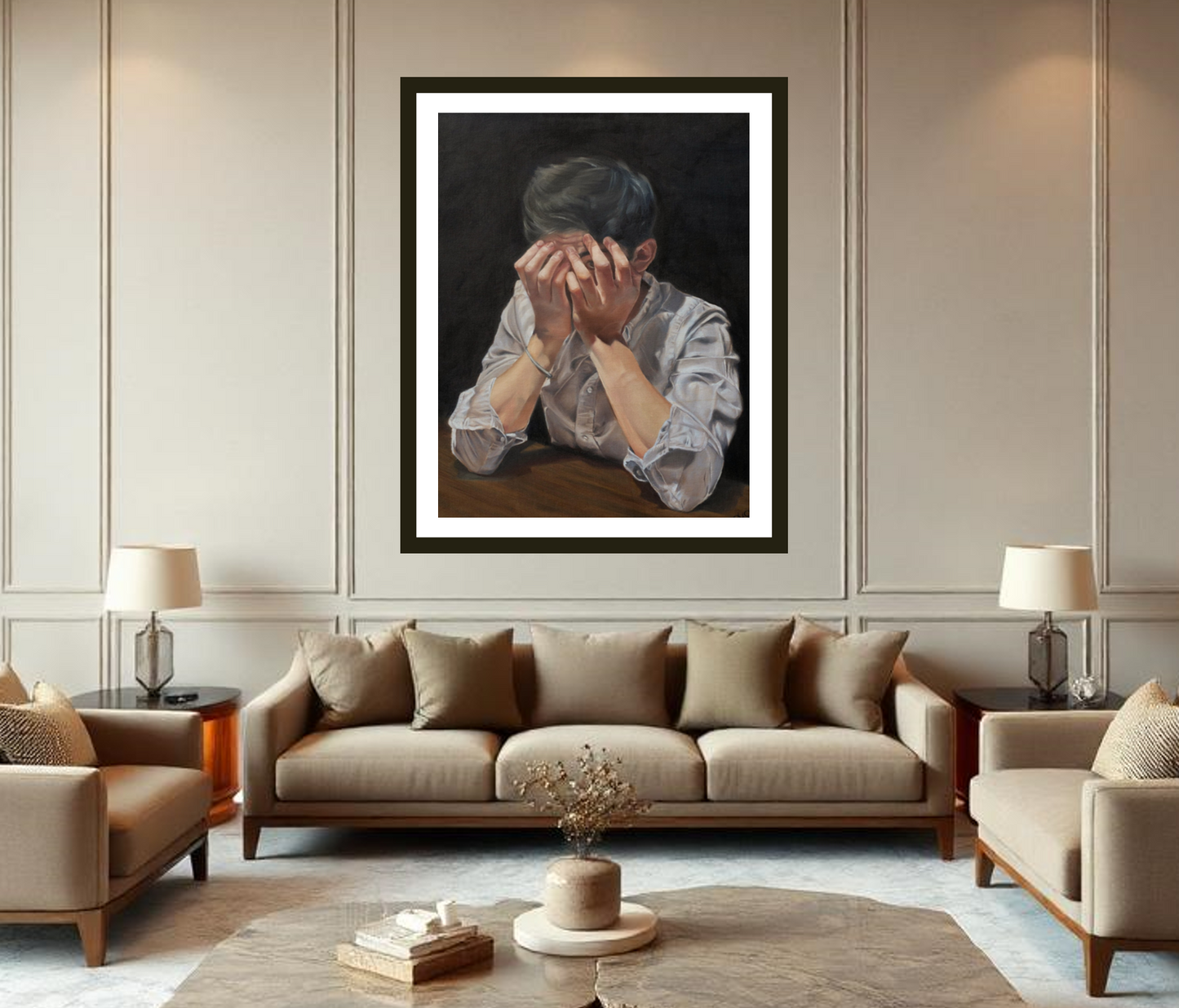 Framed artwork of a person with their head in their hands in a living room setting. Museum qualtity fine art poster printing plus frame.
