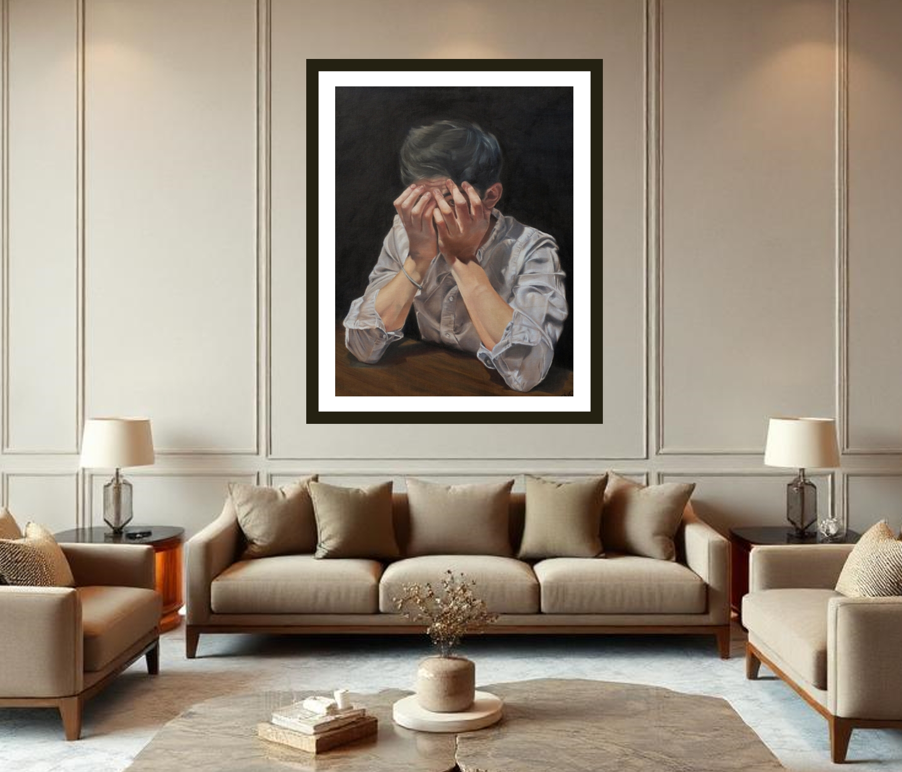 Framed artwork of a person with their head in their hands in a living room setting. Museum qualtity fine art poster printing plus frame.
