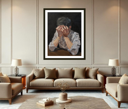 Framed artwork of a person with their head in their hands in a living room setting. Museum qualtity fine art poster printing plus frame.