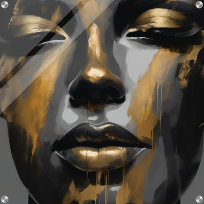 Abstract portrait painting of a woman's face with warm ocher hues and ethereal gold brushstrokes printed on acrylic