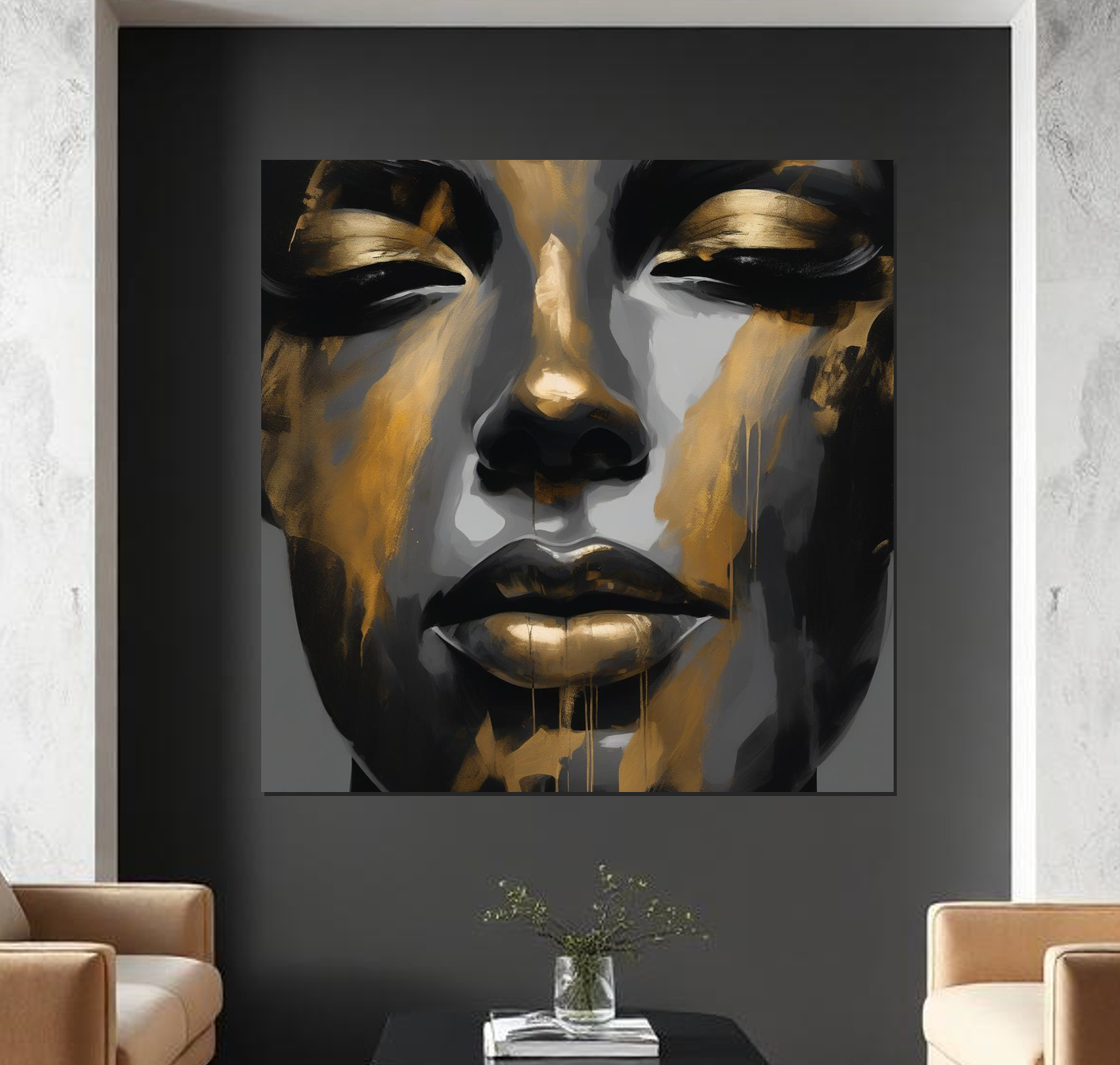 Abstract art of a face with gold and black tones on a gray wall. Fine wall art piece for modern and chic decoration styles.