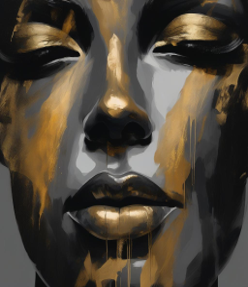 This striking abstract portrait reveals a woman's face beautifully highlighted by warm ocher hues. She embodies mindfulness and strength, while ethereal brushstrokes evoke a sense of elevation. The shimmering gold accents add depth and character, inviting you to embrace your own journey towards empowerment and self-discovery.