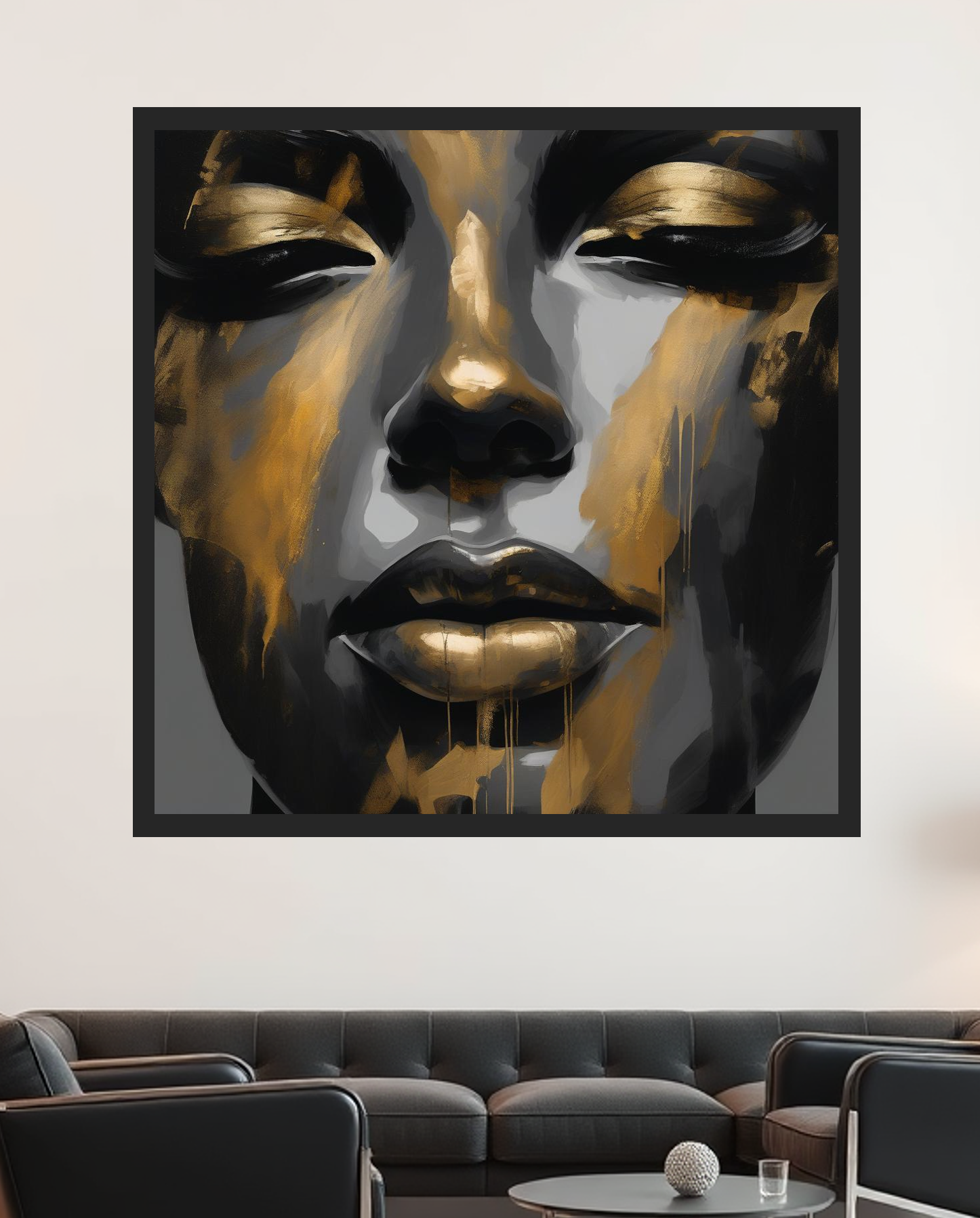 Framed artwork of a stylized face with gold and black colors on a wall above a sofa. Chic modern decoration style.